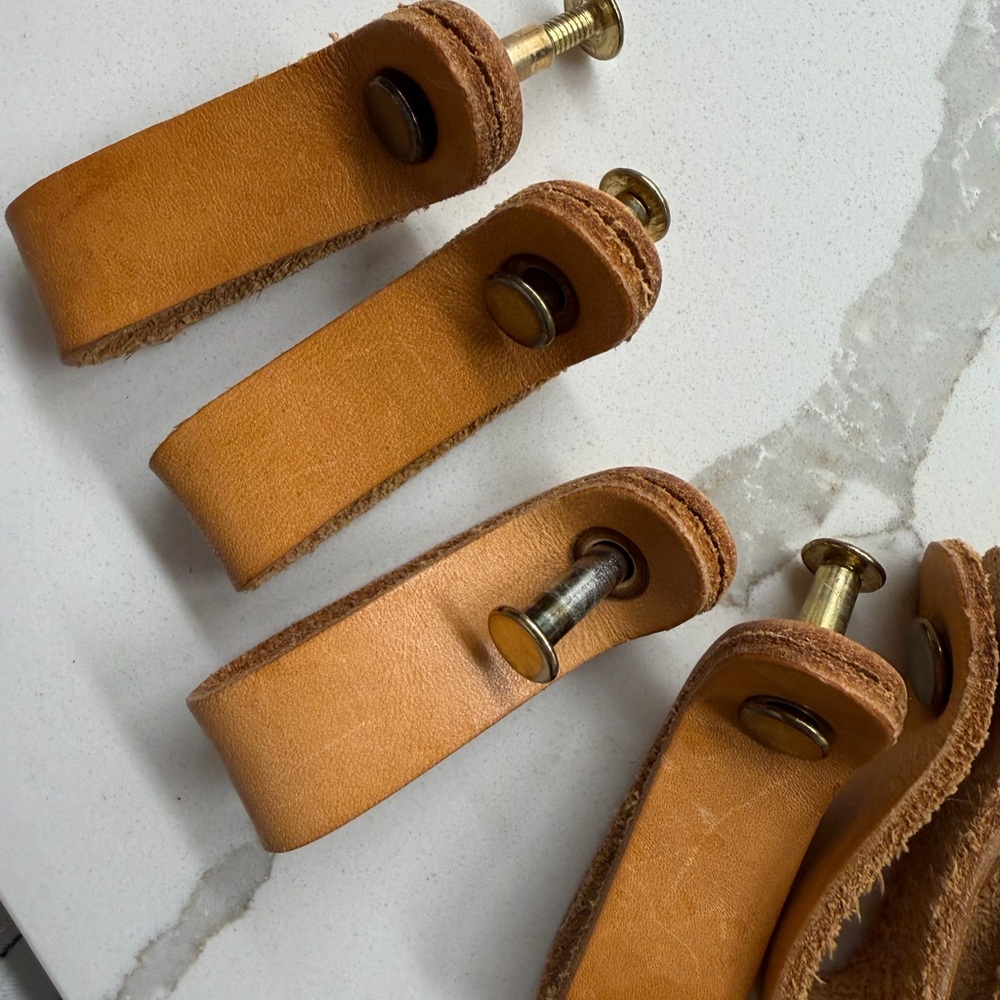 Leather Drawer Handles Pulls Straps x6 - Tan Camel Color - Picture 4 of 6